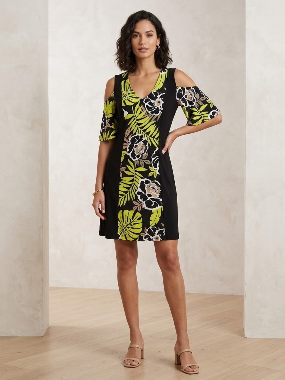 Beige by eci Black and Lime Floral Cold-Shoulder Mini Dress